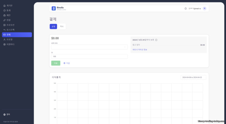 Binolla 제휴 프로그램의 결제 내역