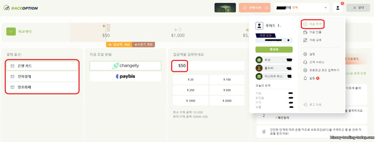 바이너리 옵션 브로커 RaceOption으로 귀하의 계정을 보충하세요