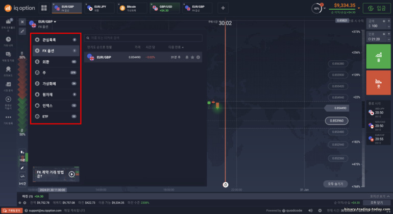 IQ Option 브로커에서 자산 선택 및 거래 유형 간 전환