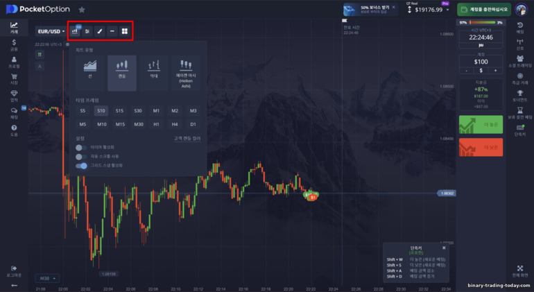 Pocket Option 브로커의 가격 차트 설정