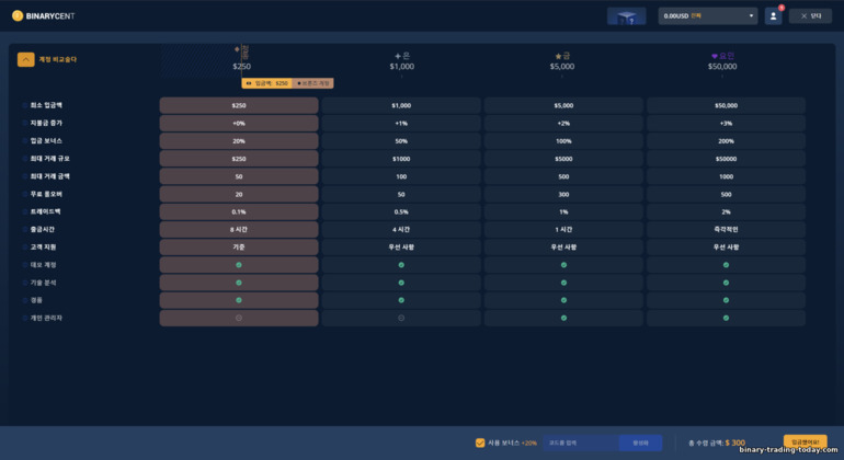 Forex 및 CFD 브로커 Binarycent의 계정 수준