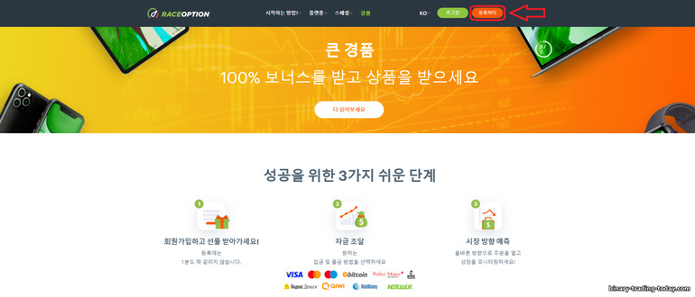 바이너리 옵션 브로커 RaceOption의 공식 웹사이트