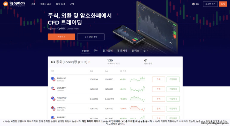 브로커 IQ Option의 공식 웹사이트