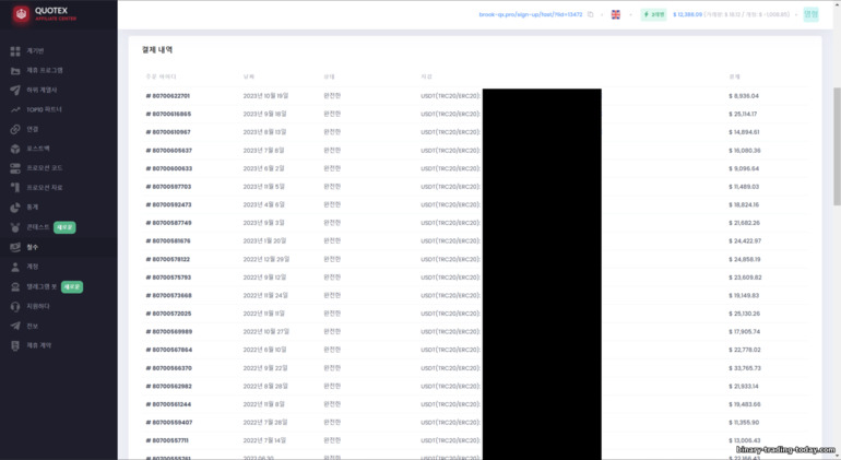 Quotex 제휴 프로그램 지급 내역