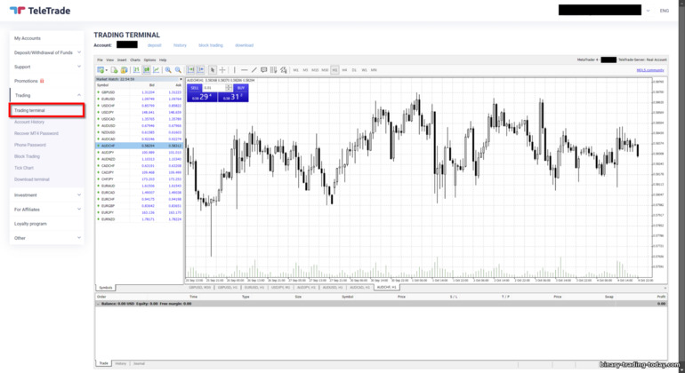 TeleTrade MT4 트레이딩 터미널